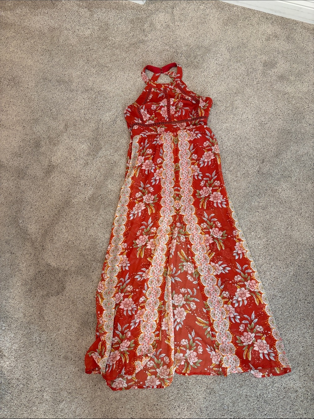 City Triangles Red Floral Lace-Panel Halter Maxi Dress